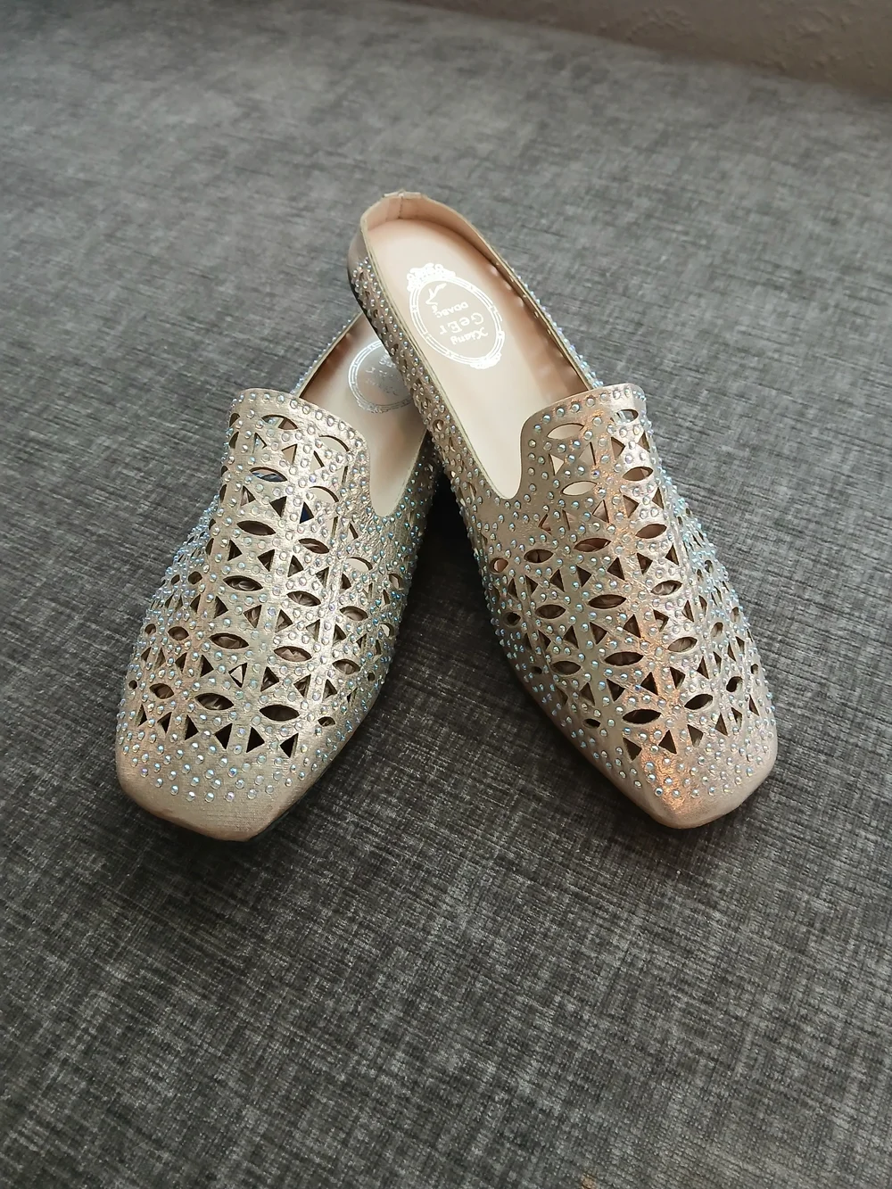 Laser-Cut Embellished Slip-On Flats in Champagne